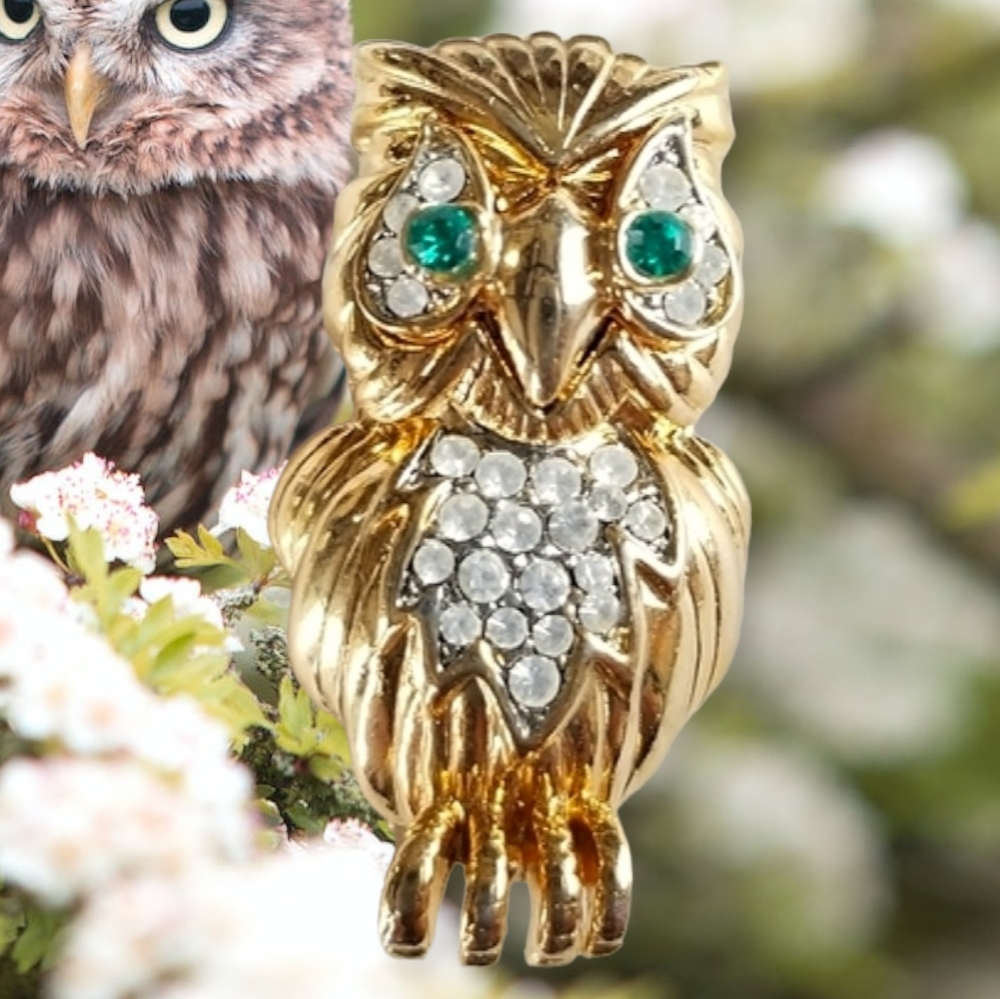 David Collection Gold Tone Rhinestone Owl Brooch